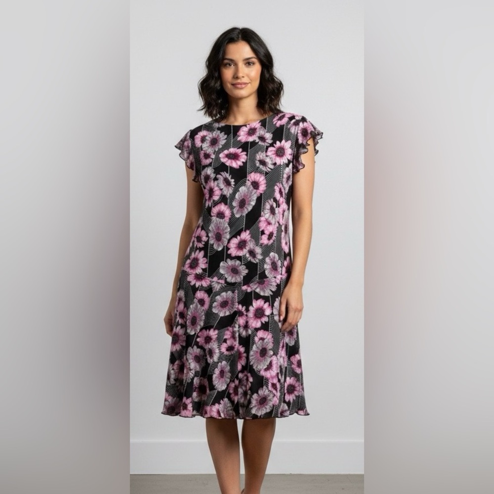 Pink/black floral short-sleeved dress, stretchy, gorgeous, EU60(5XL US).